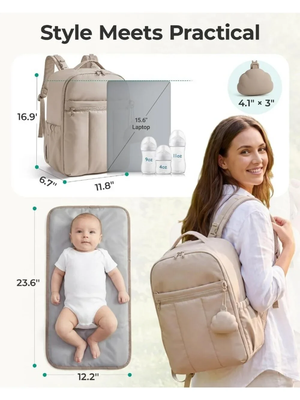 Lightweight Puffy Baby Diaper Bag Backpack with Insulated Pockets & Changing Pad